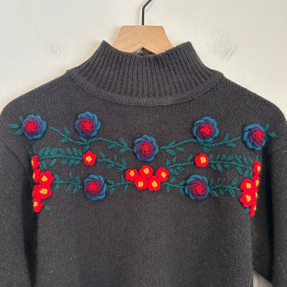 Albee Vintage Knitted Flower Turtleneck Sweater Gray Size M - Picture 2 of 6
